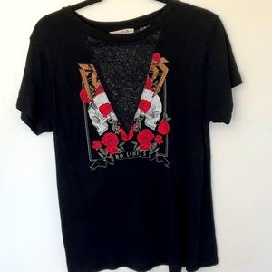 Express One Eleven Deep V-neck Lace Skull tee- BLK/Red- Size M
